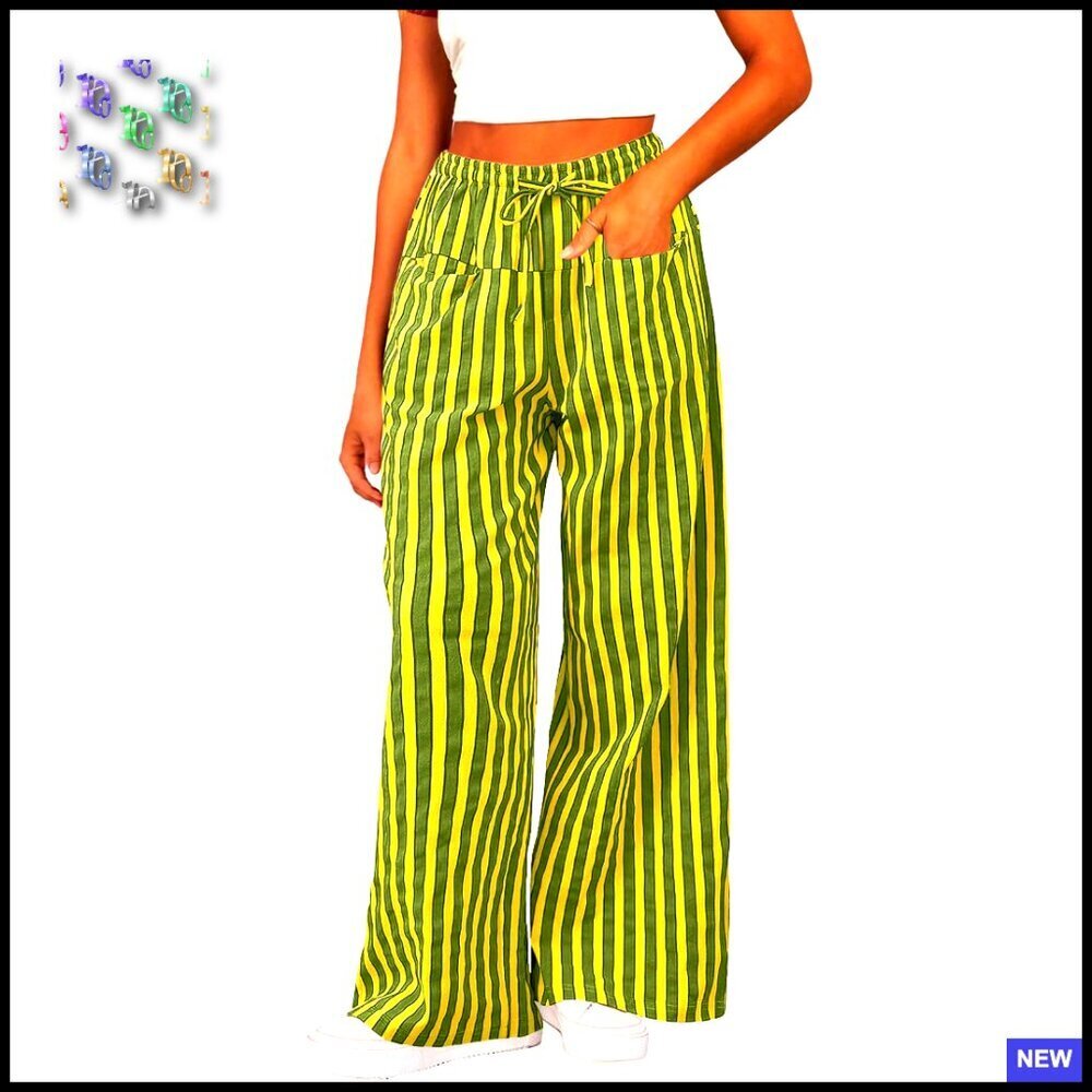 Striped Wide Leg Pants Drawstring Waist Casual Chic Loose Fit with Pockets